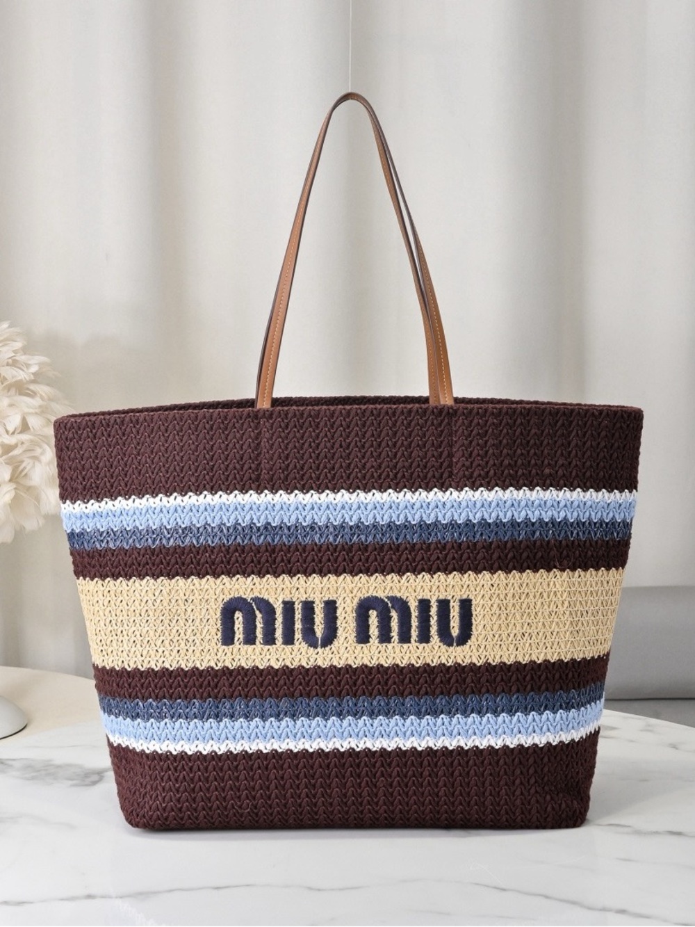 Miu Miu Brown, Beige and Blue Striped Woven Tote